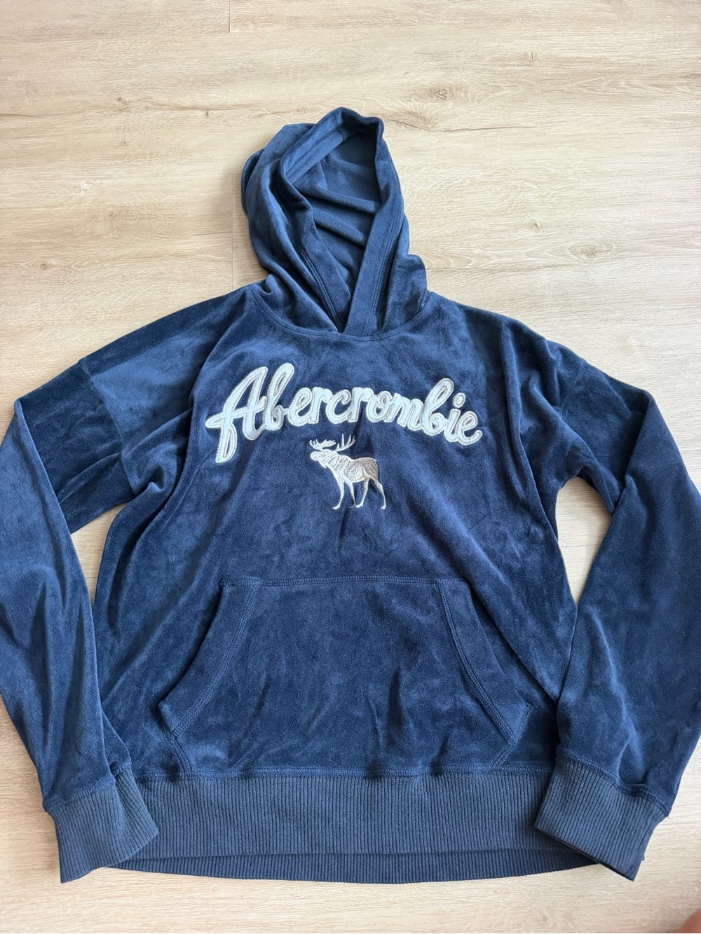 Abercrombie Kids Velour Velvet Moose Hoodie in Navy Blue Size 13/14